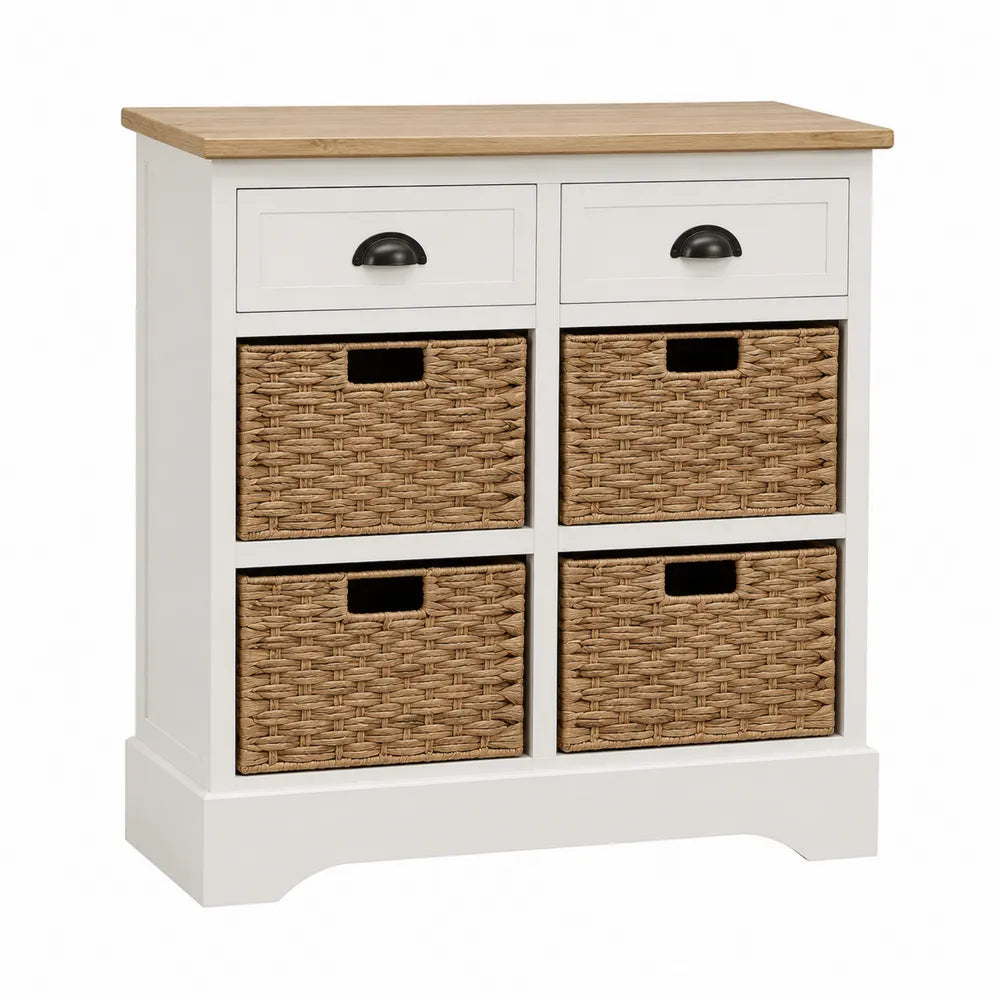 Holzschrank mit Weidenkörben und Schubladen Weiß