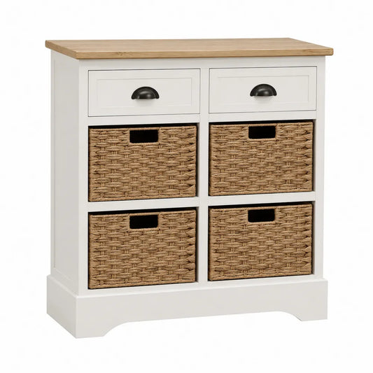 Holzschrank mit Weidenkörben und Schubladen Weiß