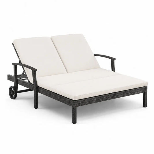 Doppel-Liegestuhl aus Polyrattan mit Creme-Kissen